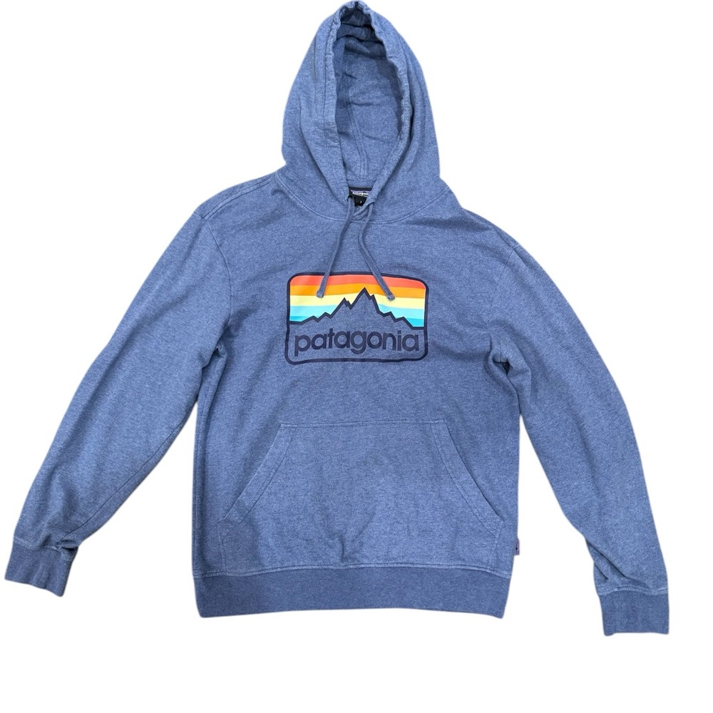 Blue Patagonia hoodie with logo